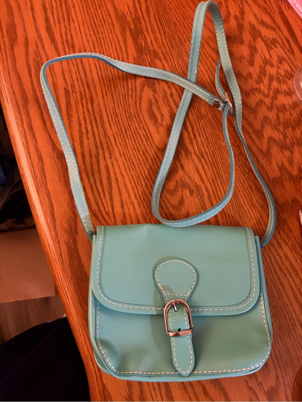 Vera Pelle 100% leather teal Green Crossbody Bag with Buckle Detail